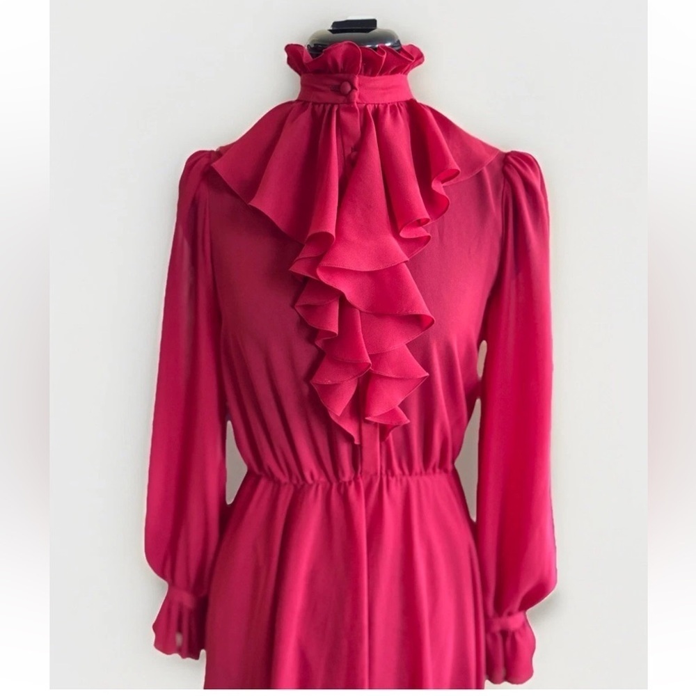 Vintage 70s 80s Manning Silver Red Long Sleeve Bell Ruffle Edwardian Dress *Flaw